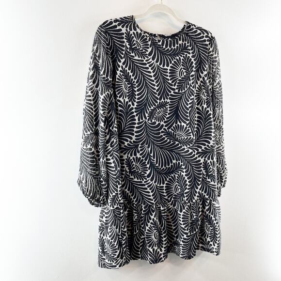 LOFT Fern Printed Flounce Long Sleeve Mini Swing Dress Black Medium Petites - Picture 7 of 7